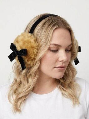 Faux Fur Ear Muffs with Velvet Bows - Brown/Tan